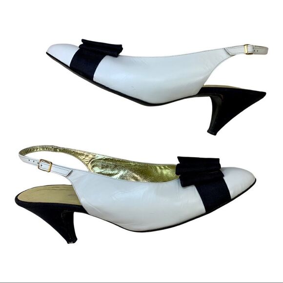 Saks Fifth Avenue Fenton Last Slingback White Leather Black Bow 8 Vintage - Picture 4 of 12